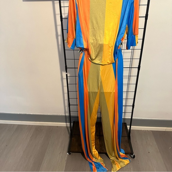 Women’s Plus Size Multi Color Two Piece Collar Self Tie Crop Top Wide Pants Set - Picture 8 of 14